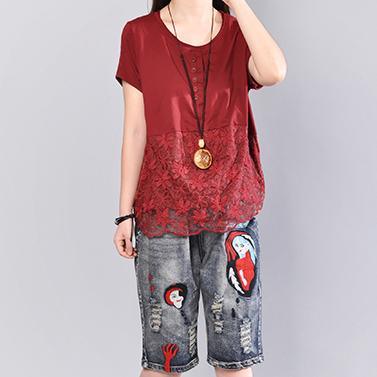 Fine red cotton blouse Loose fitting cotton cotton t shirt2018prints patchwork cotton clothing t shirt - Omychic