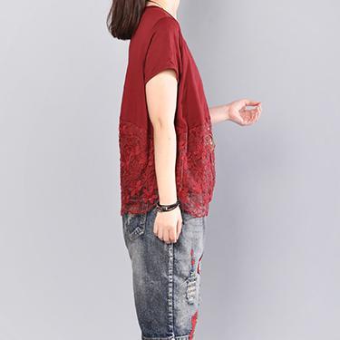Fine red cotton blouse Loose fitting cotton cotton t shirt2018prints patchwork cotton clothing t shirt - Omychic
