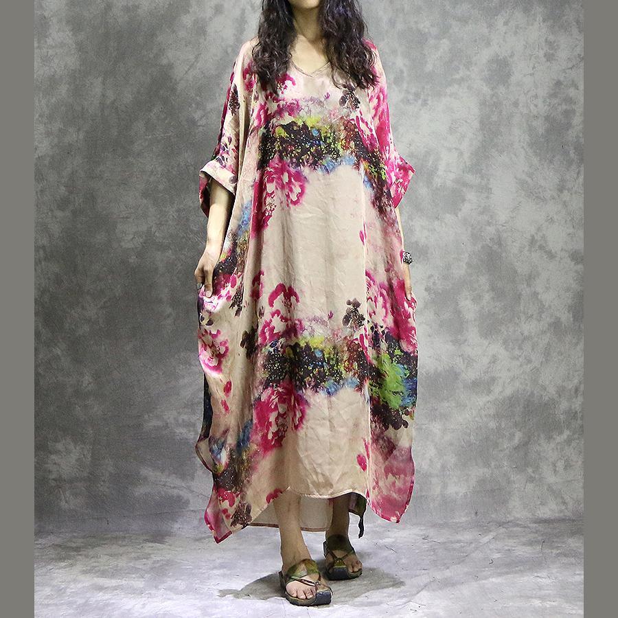 Fine red floral  natural silk chiffon dress  plus size clothing side open clothing dress Fine batwing sleeve maxi dresses - Omychic