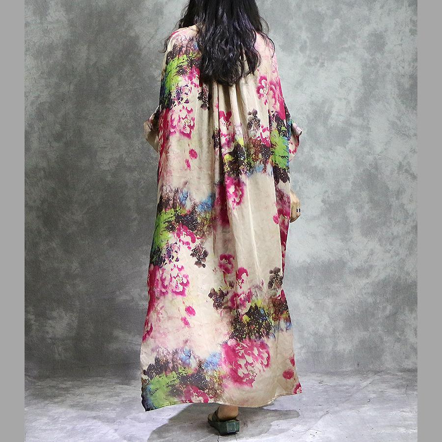 Fine red floral  natural silk chiffon dress  plus size clothing side open clothing dress Fine batwing sleeve maxi dresses - Omychic