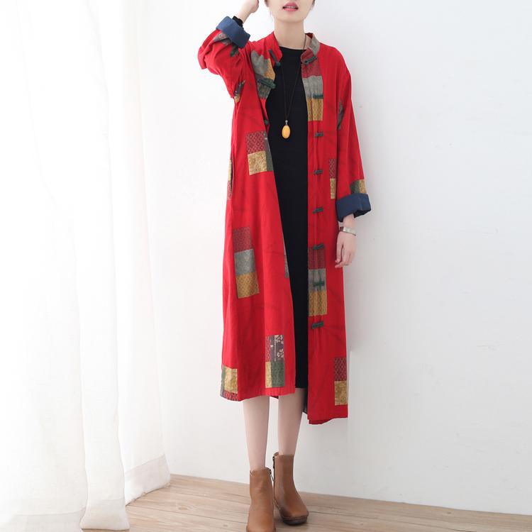 Fine red linen coat oversized patchwork long cotton cardigan Fine Chinese Button traveling clothing - Omychic