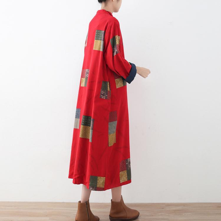 Fine red linen coat oversized patchwork long cotton cardigan Fine Chinese Button traveling clothing - Omychic