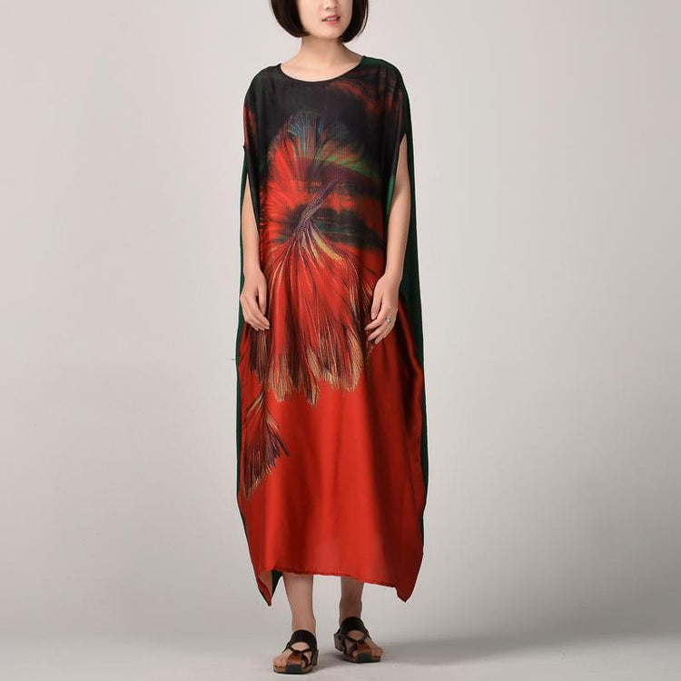 Fine red patchwork long silk dress oversized patchwork silk clothing dress 2018 batwing sleeve caftans - Omychic