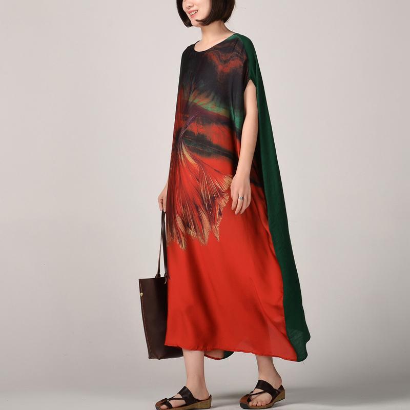 Fine red patchwork long silk dress oversized patchwork silk clothing dress 2018 batwing sleeve caftans - Omychic