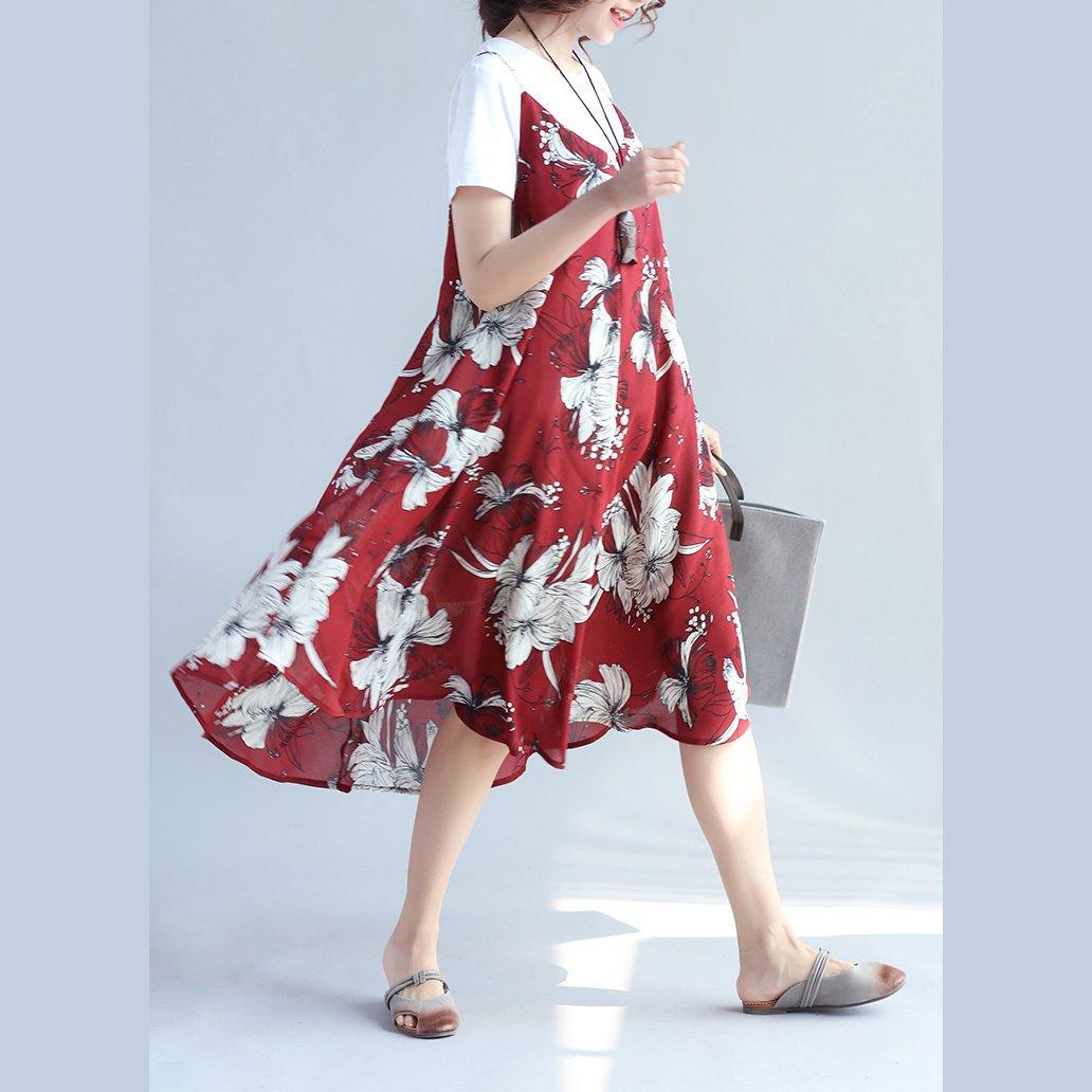 Fine red prints chiffon sleeveless dresses oversize with cotton t shirt two pieces - Omychic