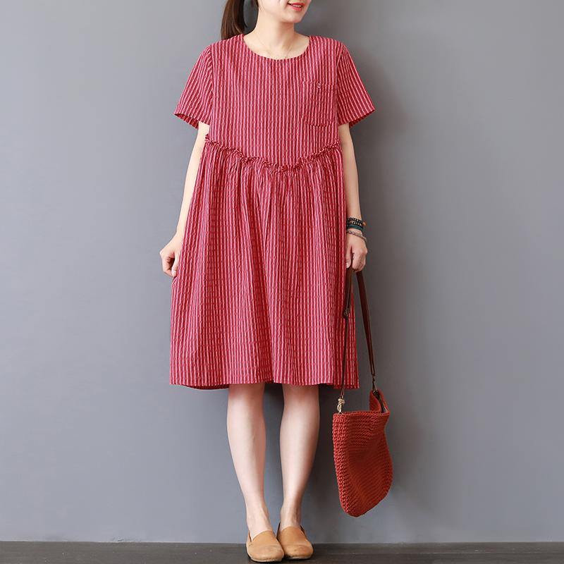 Fine red striped Midi-length linen dress casual shirt dress2018o neck patchwork ruffles linen dress - Omychic