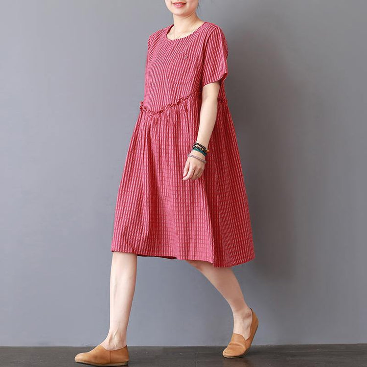 Fine red striped Midi-length linen dress casual shirt dress2018o neck patchwork ruffles linen dress - Omychic