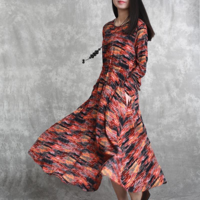 Fine red striped prints linen dresses plussize elastic waist cotton gown top quality long sleeve linen dresses - Omychic