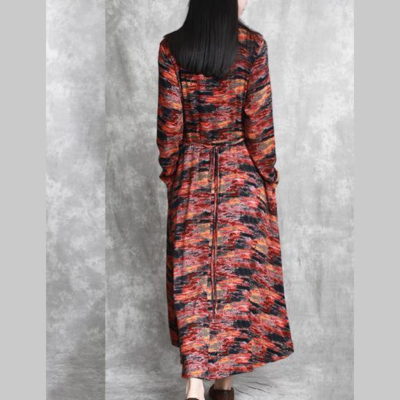 Fine red striped prints linen dresses plussize elastic waist cotton gown top quality long sleeve linen dresses - Omychic