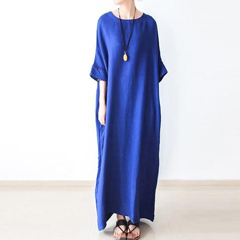 Fine royal blue linen dresses oversize cotton caftans long maxi dress - Omychic