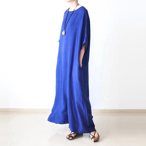 Fine royal blue linen dresses oversize cotton caftans long maxi dress - Omychic