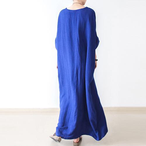 Fine royal blue linen dresses oversize cotton caftans long maxi dress - Omychic