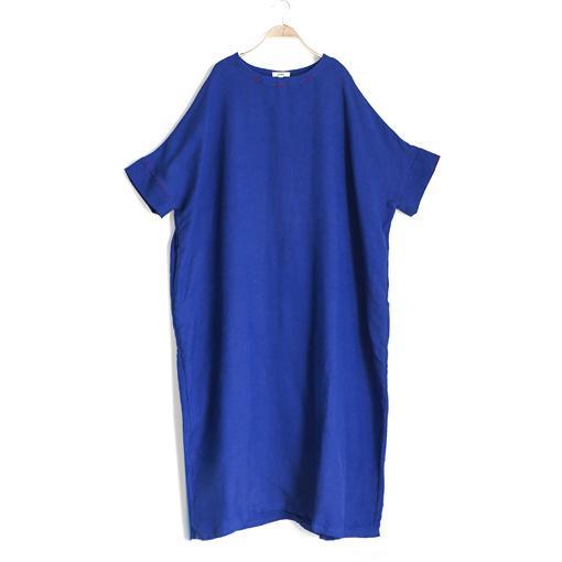 Fine royal blue linen dresses oversize cotton caftans long maxi dress - Omychic