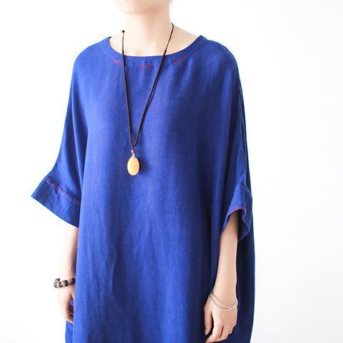 Fine royal blue linen dresses oversize cotton caftans long maxi dress - Omychic