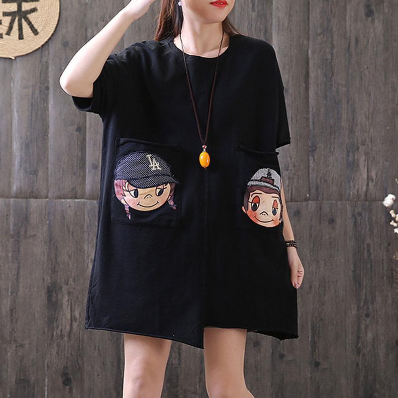 Fine summer t shirt plus size Irregular Round Neck Short Sleeve Casual Black Tops - Omychic