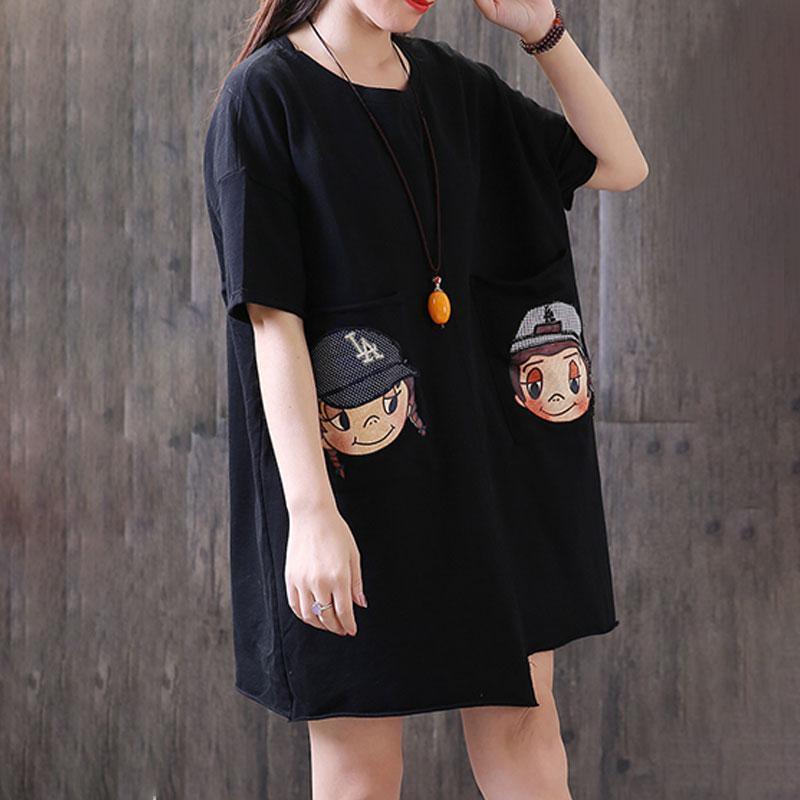 Fine summer t shirt plus size Irregular Round Neck Short Sleeve Casual Black Tops - Omychic