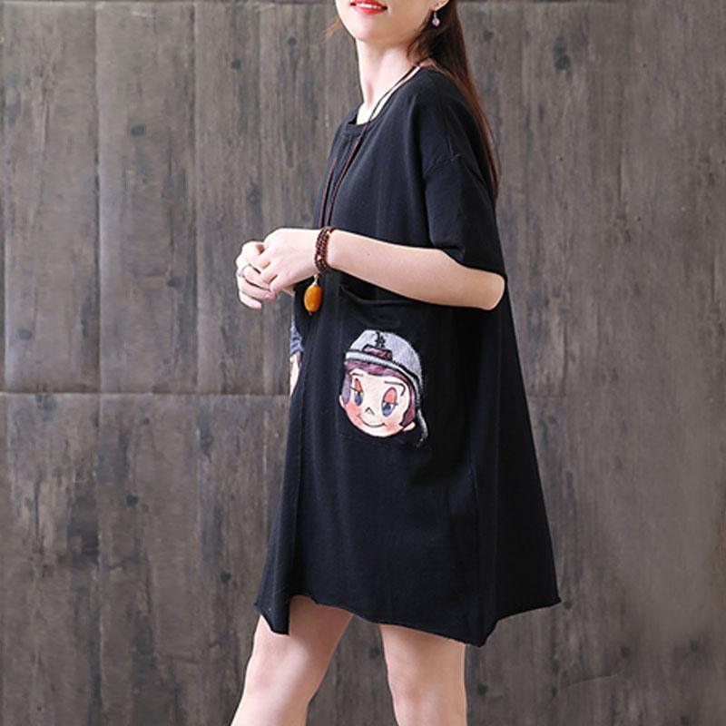 Fine summer t shirt plus size Irregular Round Neck Short Sleeve Casual Black Tops - Omychic