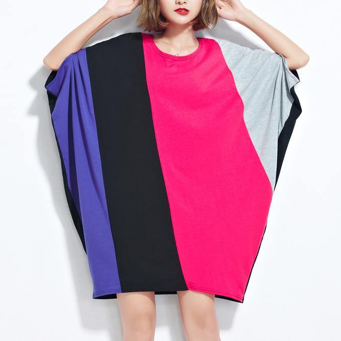 Fine three color cotton dresses oversized casual dress top quality batwing sleeve patchwork knee dresses - Omychic