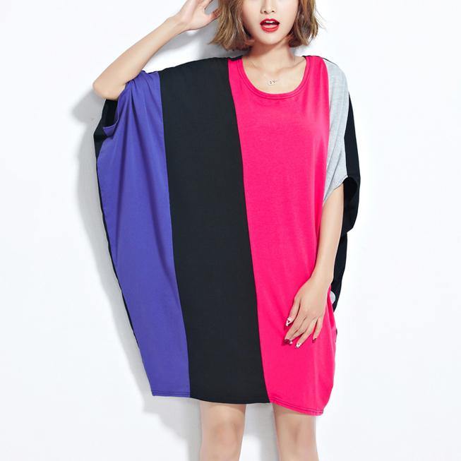 Fine three color cotton dresses oversized casual dress top quality batwing sleeve patchwork knee dresses - Omychic