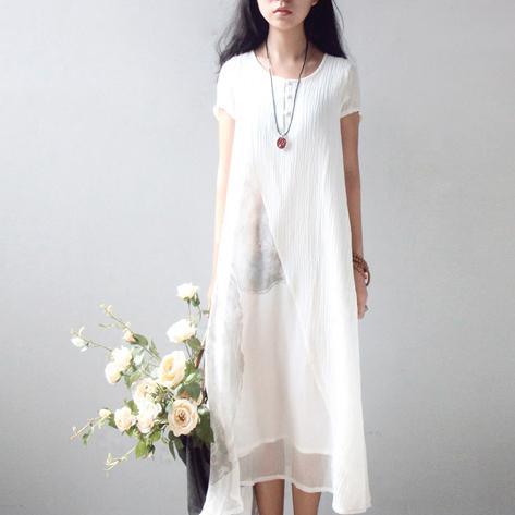 Fine white natural linen dress  trendy plus size shirt dress top quality layered patchwork dress - Omychic