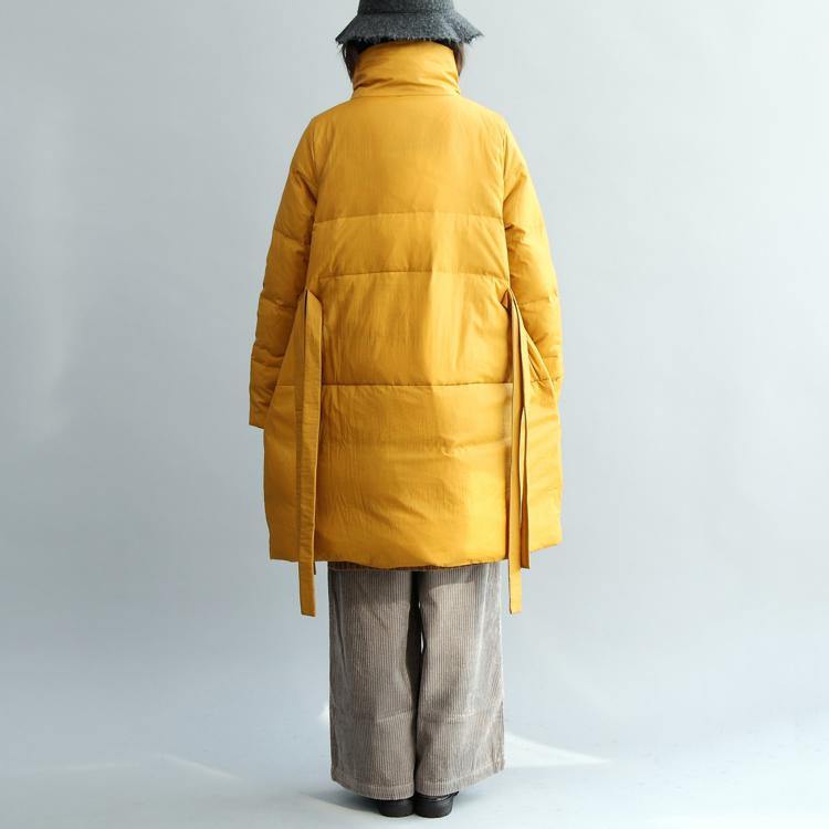Fine yellow down jacket casual tie waist down jacket Elegant stand collar coats - Omychic