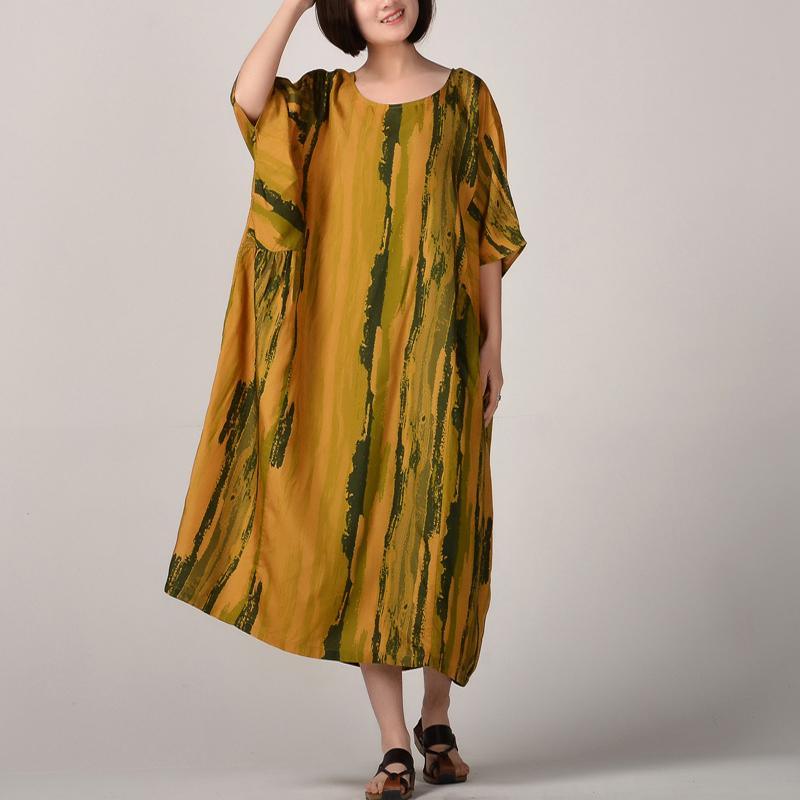 Fine yellow silk linen caftans trendy plus size striped prints traveling clothing New batwing sleeve kaftans - Omychic