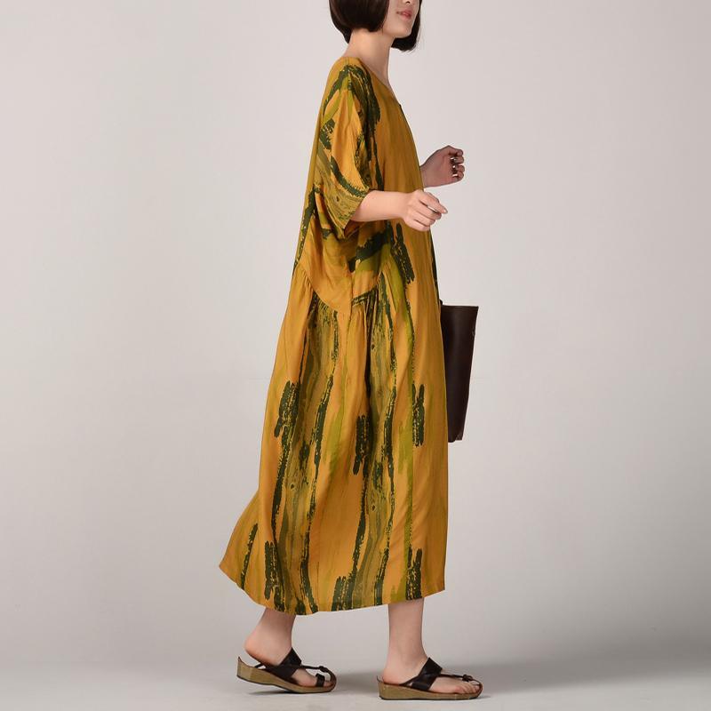 Fine yellow silk linen caftans trendy plus size striped prints traveling clothing New batwing sleeve kaftans - Omychic