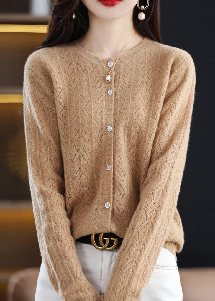 Fitted Beige O Neck Hollow Out Button Patchwork Woolen Cardigans Fall