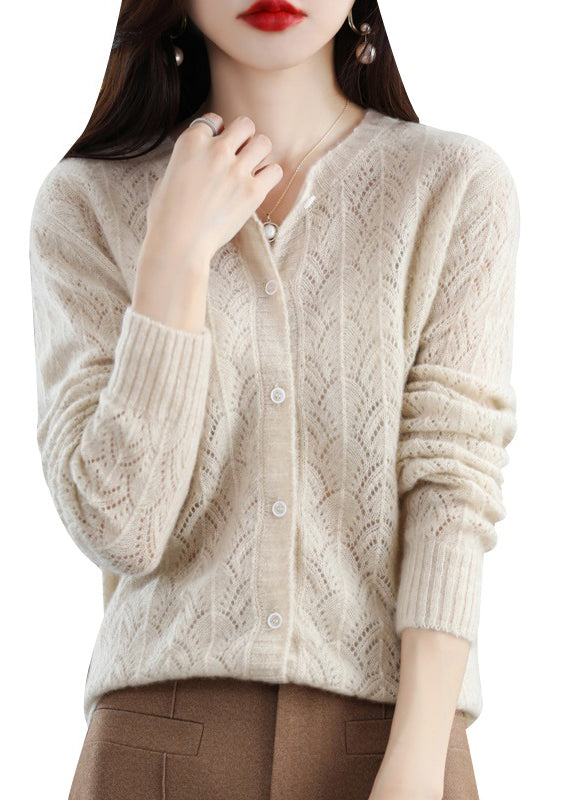 Fitted Beige O Neck Hollow Out Button Patchwork Woolen Cardigans Fall
