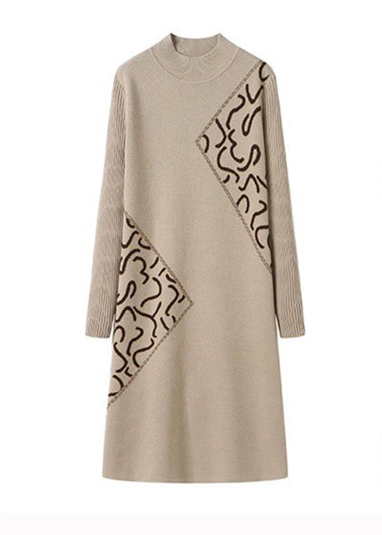 Fitted Beige Stand Collar Zircon Patchwork Knit Dress Fall