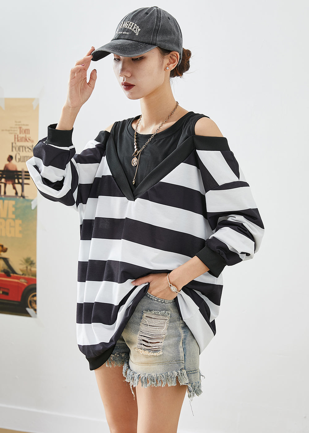 Fitted Black Cold Shoulder Patchwork Striped Cotton Sweatshirt Fall