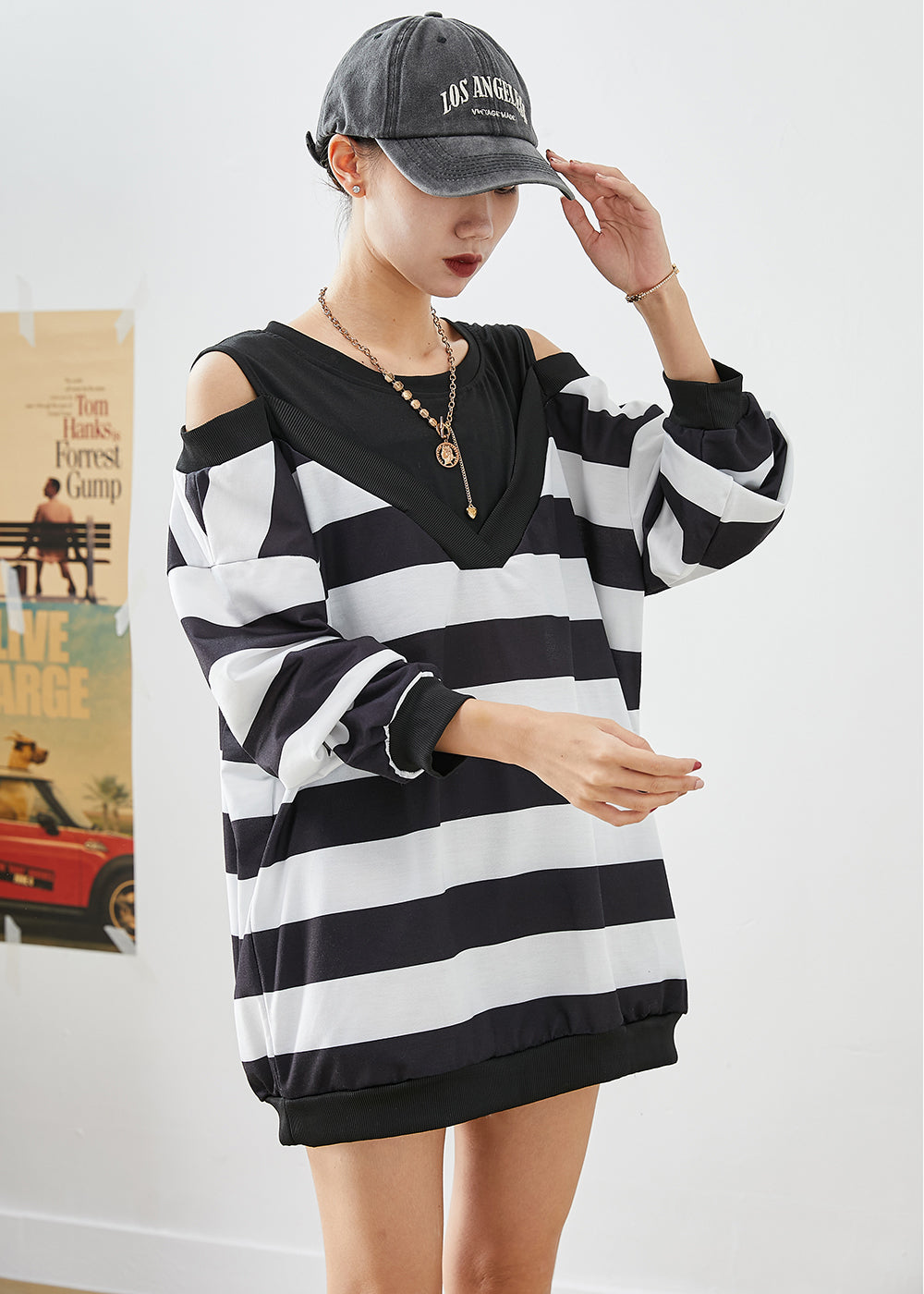 Fitted Black Cold Shoulder Patchwork Striped Cotton Sweatshirt Fall