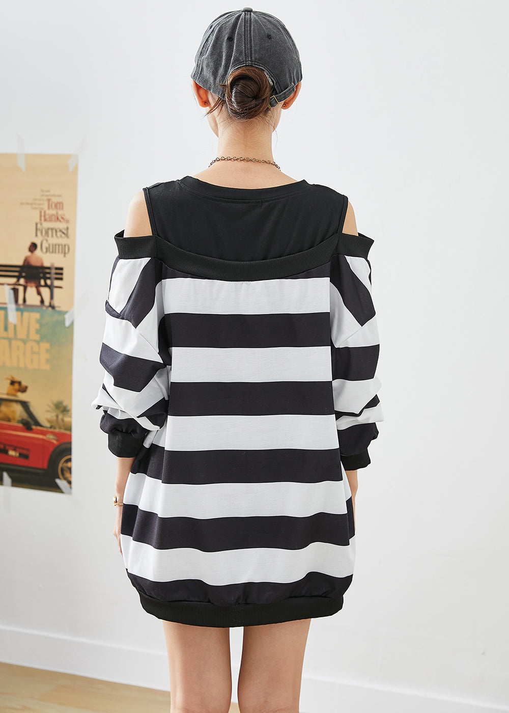 Fitted Black Cold Shoulder Patchwork Striped Cotton Sweatshirt Fall