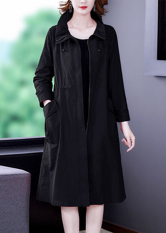 Fitted Black Drawstring Zip Up Pockets Silk Coat Long Sleeve