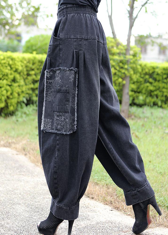 Fitted Black Grey Pockets Patchwork Jeans Winter Pants Trousers - Omychic