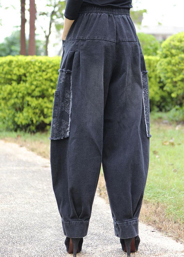 Fitted Black Grey Pockets Patchwork Jeans Winter Pants Trousers - Omychic