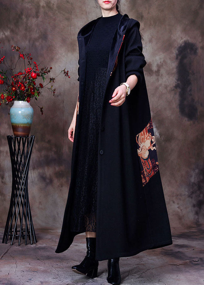 Fitted Black Hooded Print Warm Fleece Woolen Trench Spring