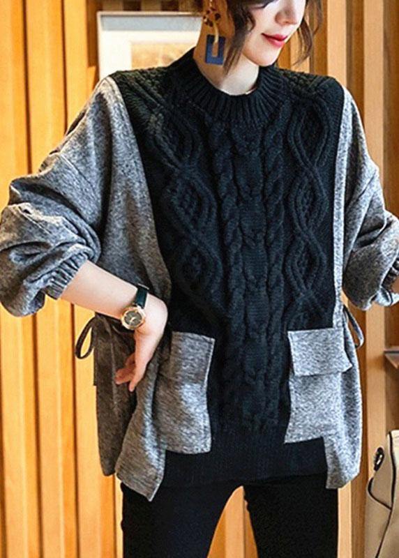 Fitted Black O-Neck Knit Patchwork Loose Fall Sweater - Omychic