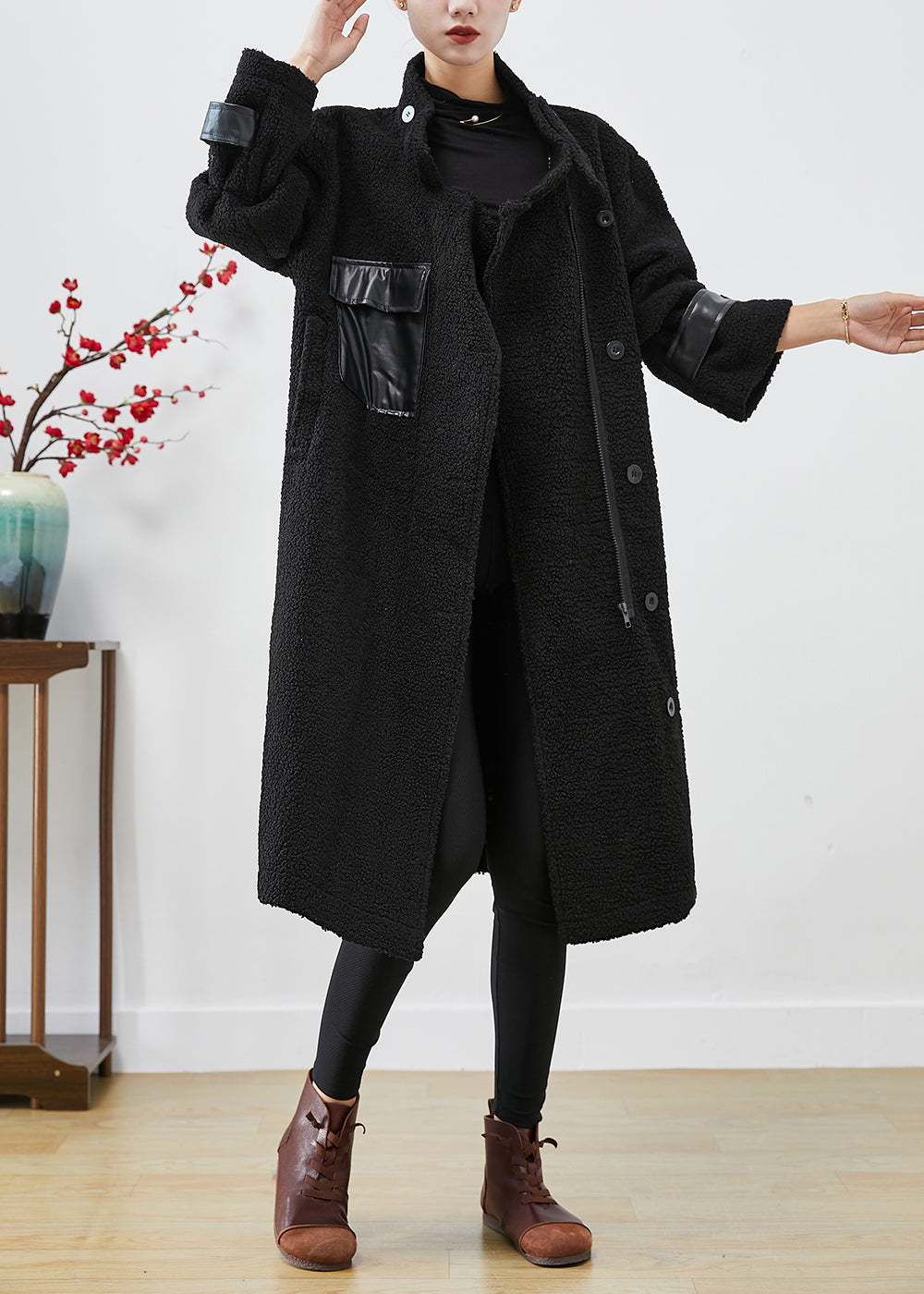 Fitted Black Oversized Patchwork Pockets Cashmere Trench Winter