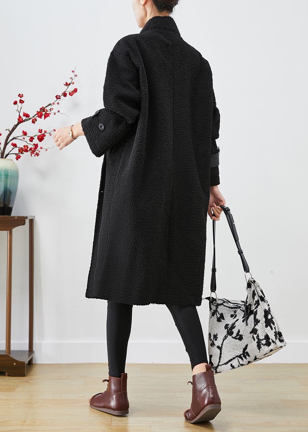 Fitted Black Oversized Patchwork Pockets Cashmere Trench Winter