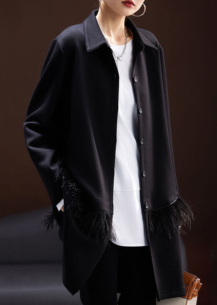 Fitted Black Peter Pan Collar Tassel Patchwork Coats Long Sleeve