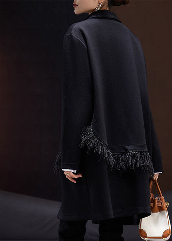Fitted Black Peter Pan Collar Tassel Patchwork Coats Long Sleeve