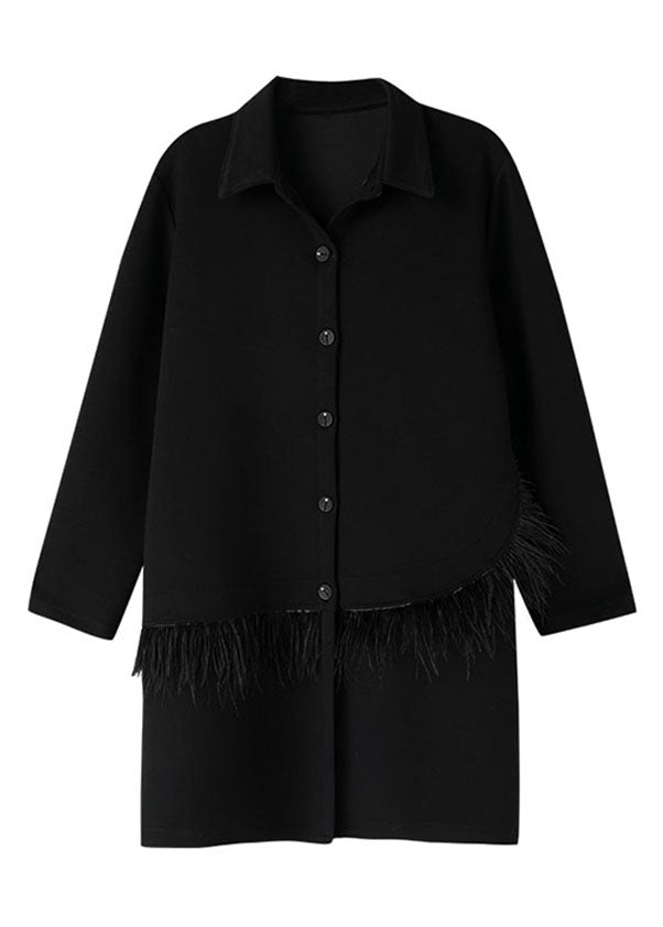 Fitted Black Peter Pan Collar Tassel Patchwork Coats Long Sleeve