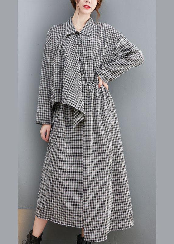 Fitted Black PlaidPeter Pan CollarButtonasymmetrical design Fall Holiday Dress Long sleeve - Omychic