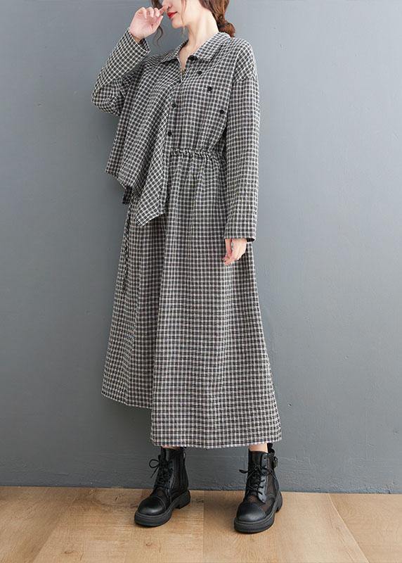 Fitted Black PlaidPeter Pan CollarButtonasymmetrical design Fall Holiday Dress Long sleeve - Omychic