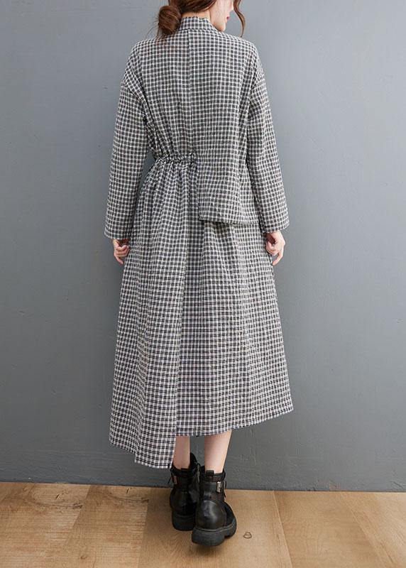 Fitted Black PlaidPeter Pan CollarButtonasymmetrical design Fall Holiday Dress Long sleeve - Omychic