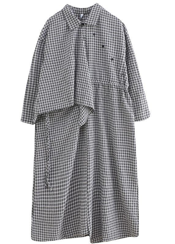 Fitted Black PlaidPeter Pan CollarButtonasymmetrical design Fall Holiday Dress Long sleeve - Omychic