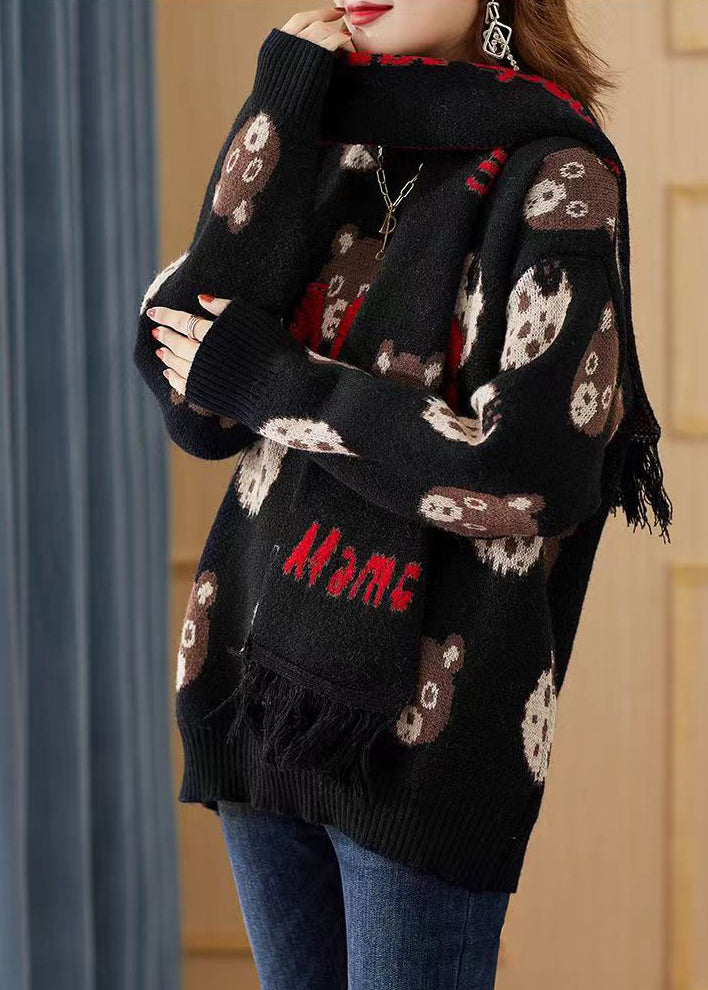 Fitted Black Print Free Scarf Knit Pullover Winter