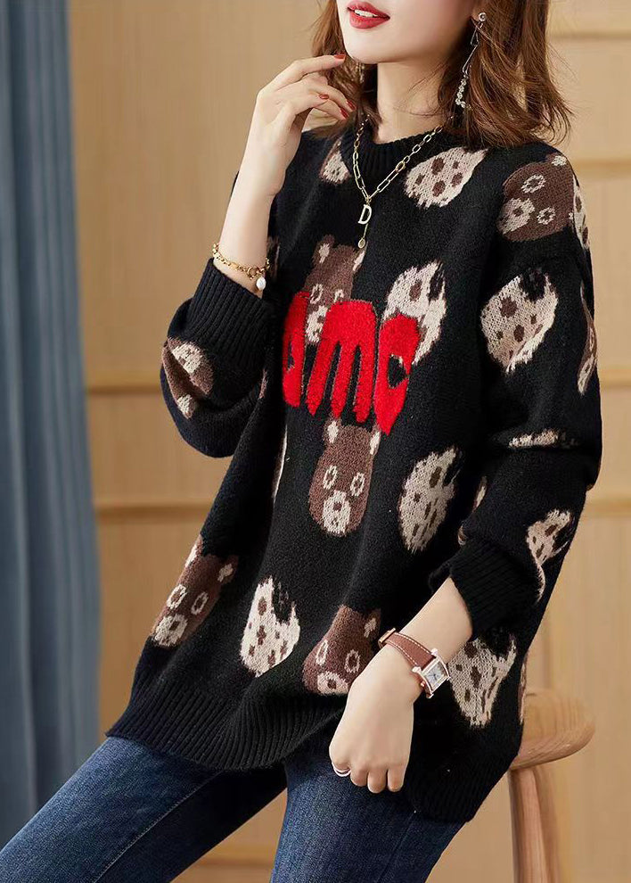 Fitted Black Print Free Scarf Knit Pullover Winter