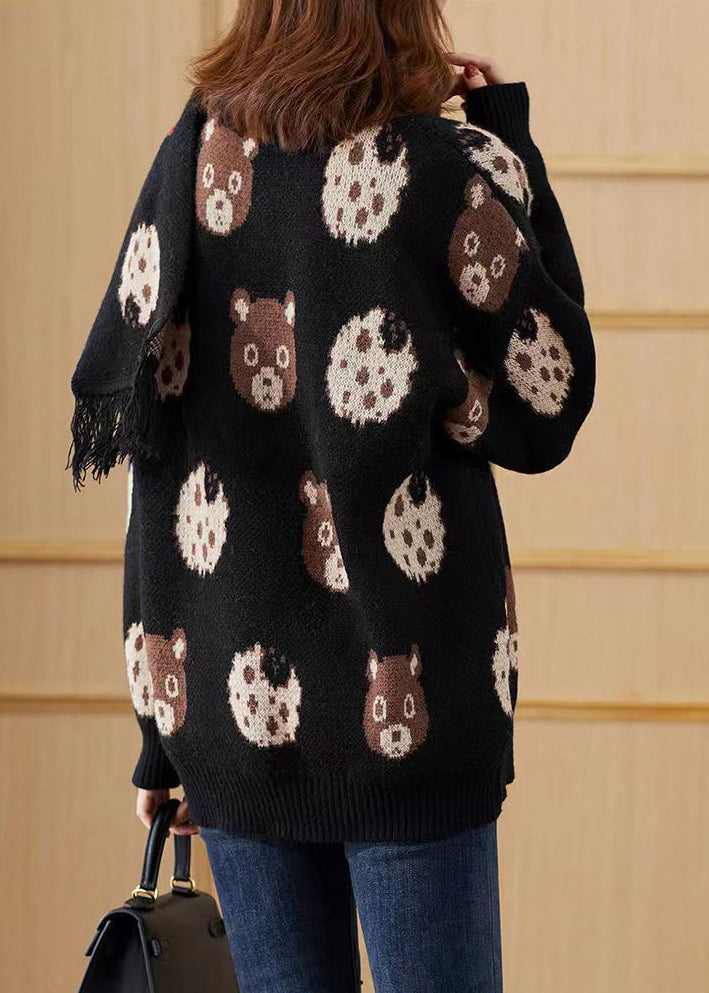 Fitted Black Print Free Scarf Knit Pullover Winter